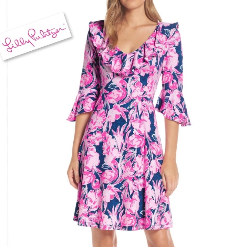 Lilly Pulitzer flamingo ruffle dress bell sleeves Stirling flamingle
